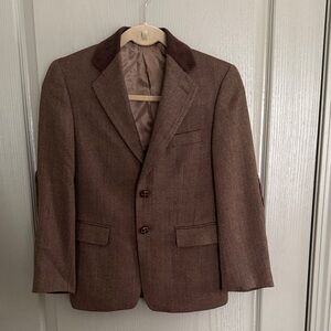 Boys Hereingbone Brown Blazer - elbow patches, corduroy collar, English country